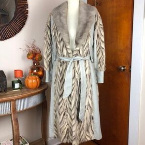 MINK Fur & LEATHER Vintage Full Length Coat Blue Gray Small